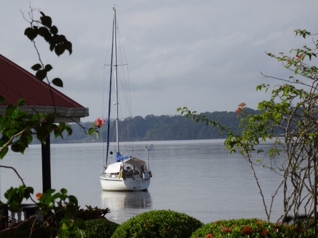 Resolute at anchor, Baganara River Resort, British Guyana