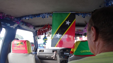 Christmas decorations and Grenadian patriotism in our maxi-taxi.